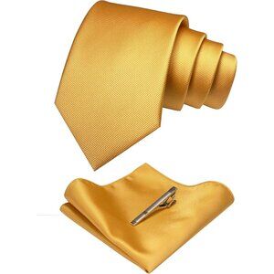 Men's Gold Yellow Solid Color Formal Necktie And Pocket Square Tie Clip Sets